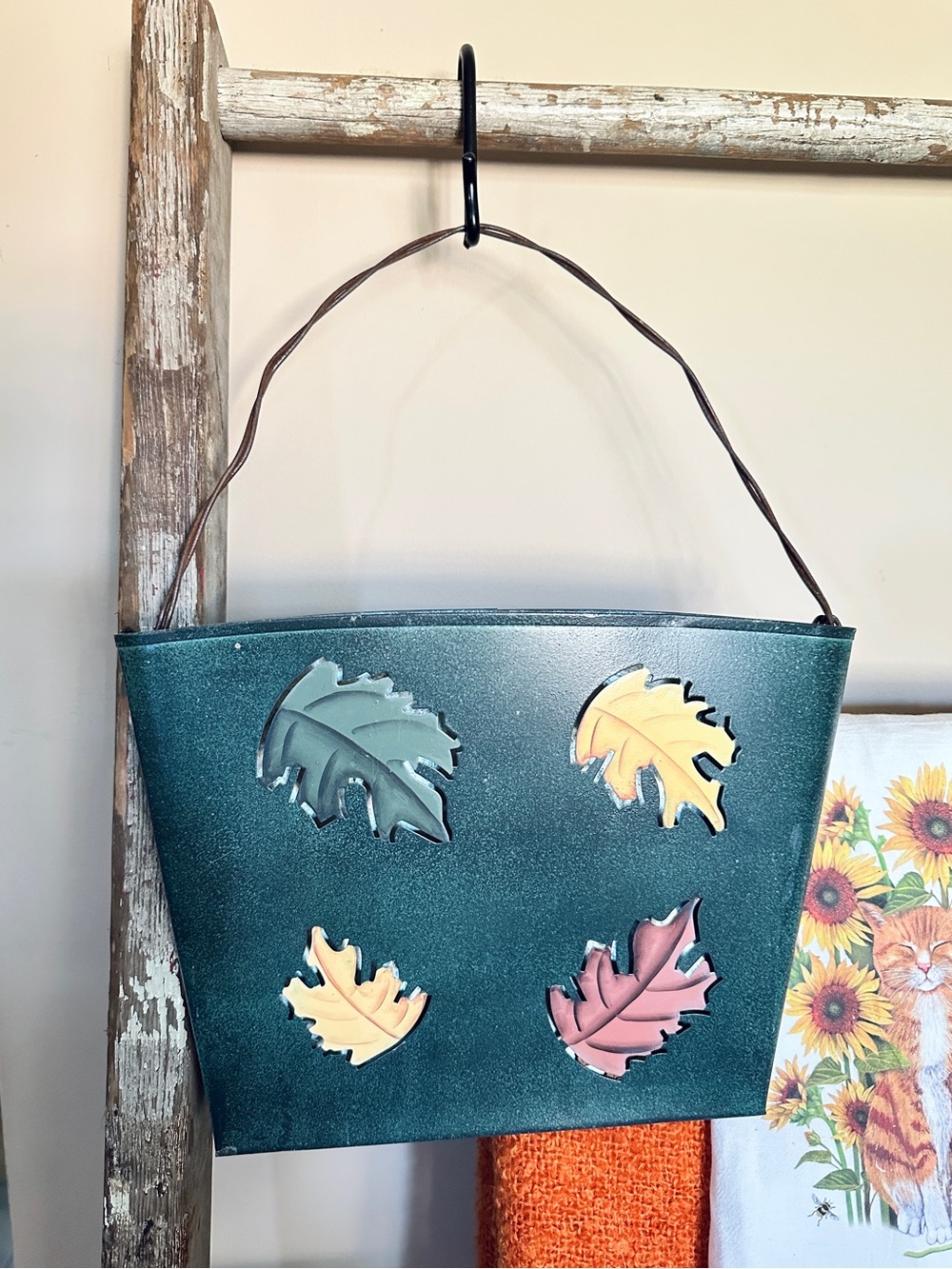 Vintage Fall Leaves Metal Hanging Bin